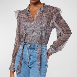 NWT Joie Eloise ruffle trim button down tie neck sheer w/ cami 100% silk top XS